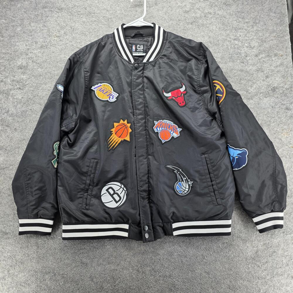 Ultra Game Jacket Mens XL Black Varsity Jacket Satin Lined Patches NBA